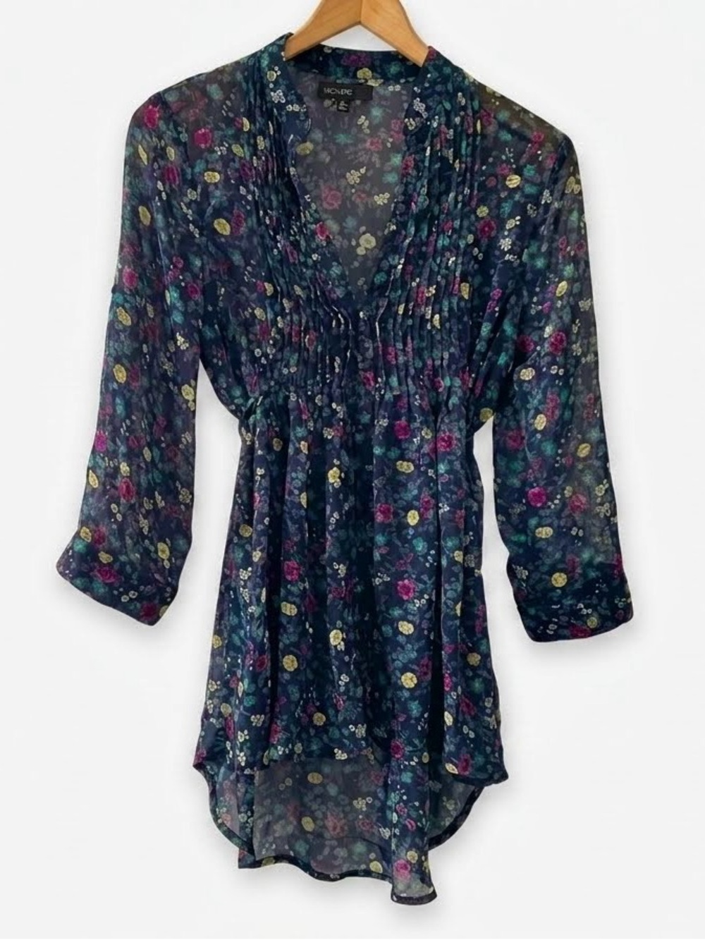Womens High Low semi-sheer Tunic Top Blue Mix Floral Print Button Up Boho Chic M